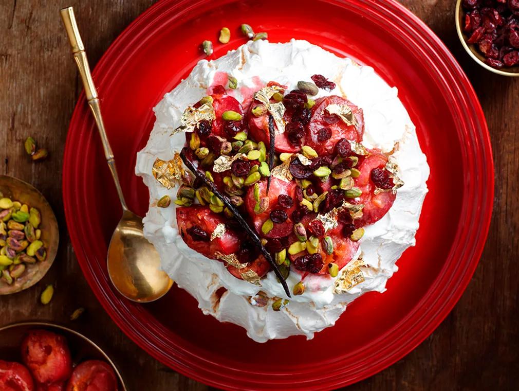 Pavlova with Baked Plums