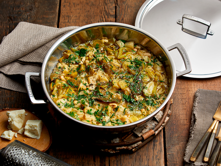 Braised Celeriac Stew with White Beans, Orzo Pasta, Leeks, Parsley and Olive Oil