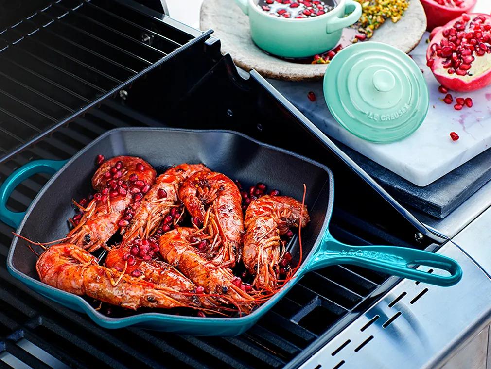 Prawns Grilled In Pomegranate Molasses With Pistachio Remoulade