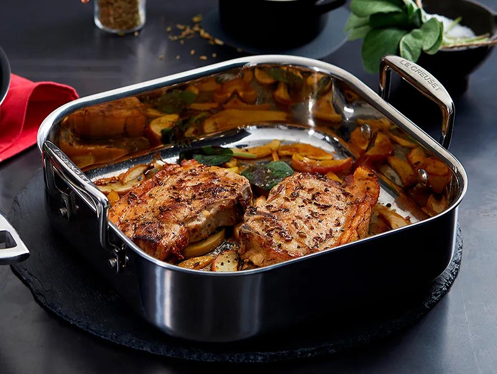 Fennel-Crusted Pork Chops With Apple, Braised Peas And Lettuce