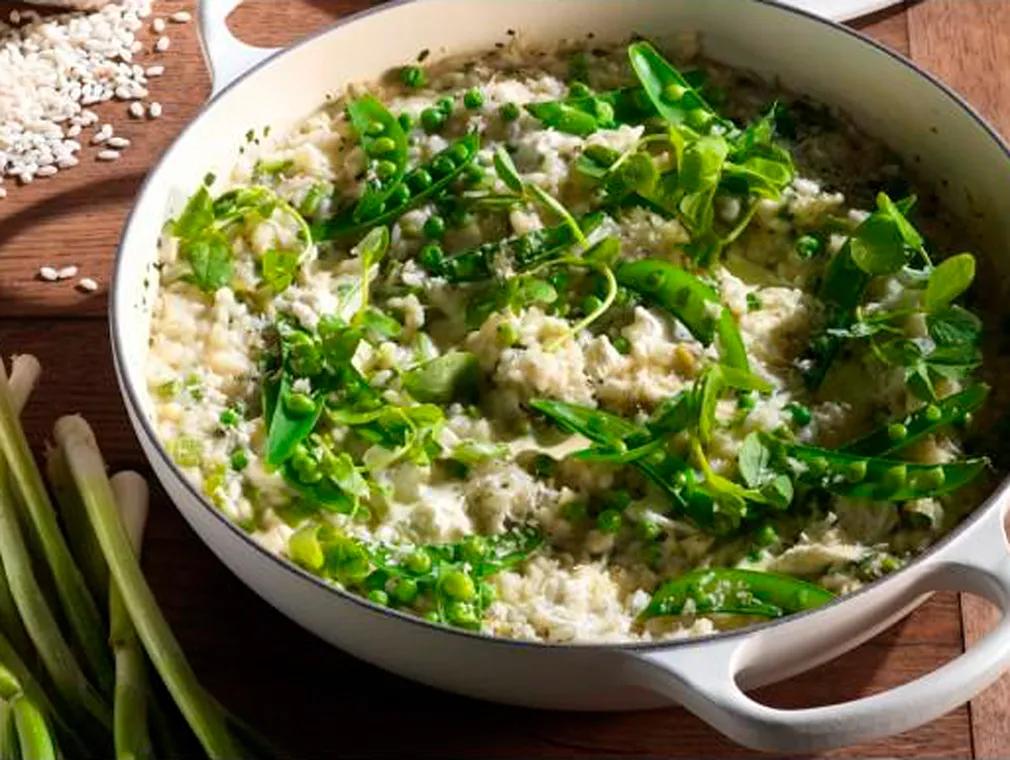 Spring Pea, Mint and Goats Cheese Risotto with Pea Shoots and Crème Fraiche