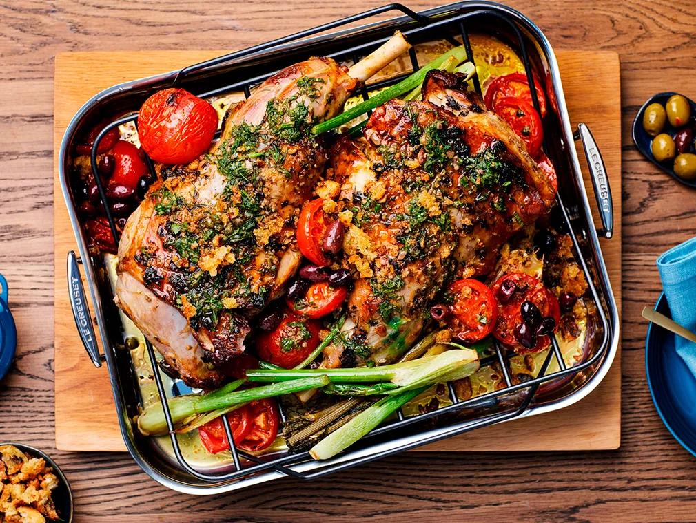 Italian style tomato, oregano and olive ciabatta Roast Lamb