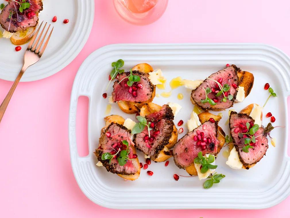Seared Pepper Fillet with Brie and Balsamic Bruschetta