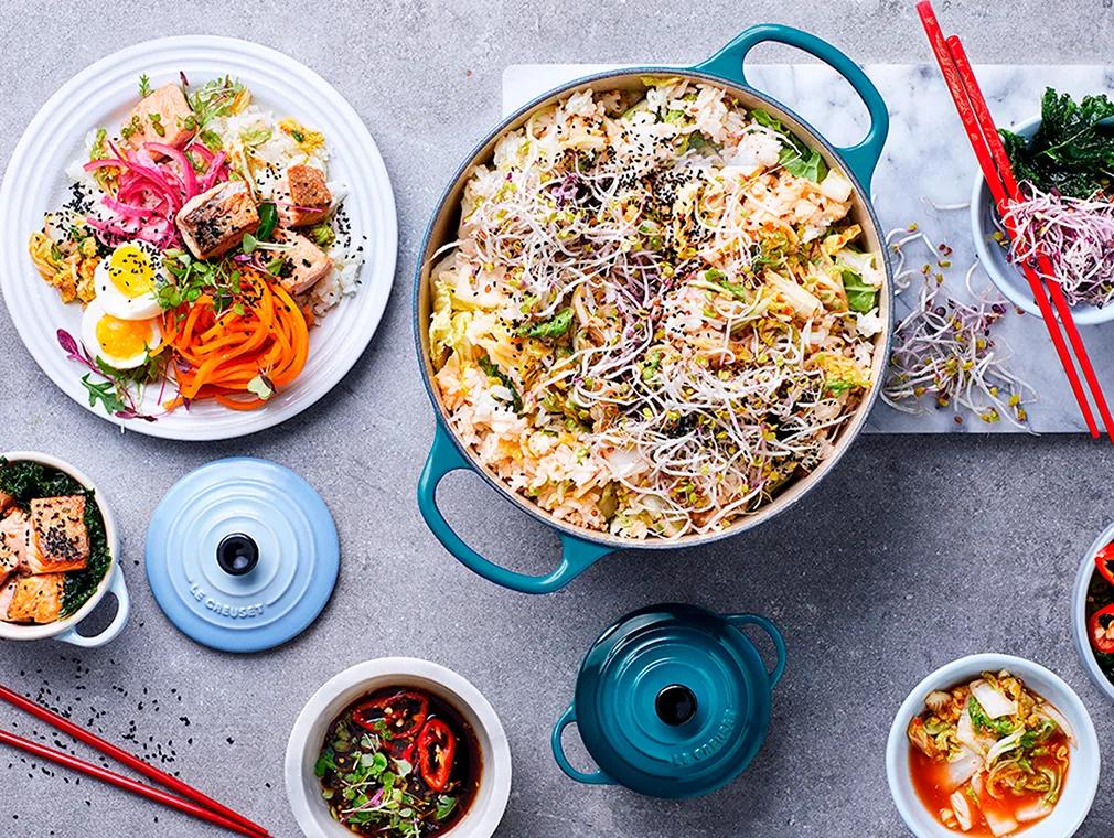 Sesame-Crusted Salmon And Kimchi Fried Rice Buddha Bowls