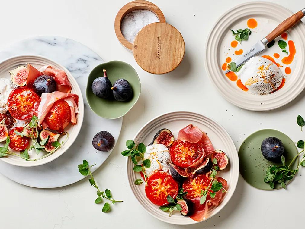The New Caprese: Burrata Mozzarella, Figs, Roast Tomatoes And Serrano Ham