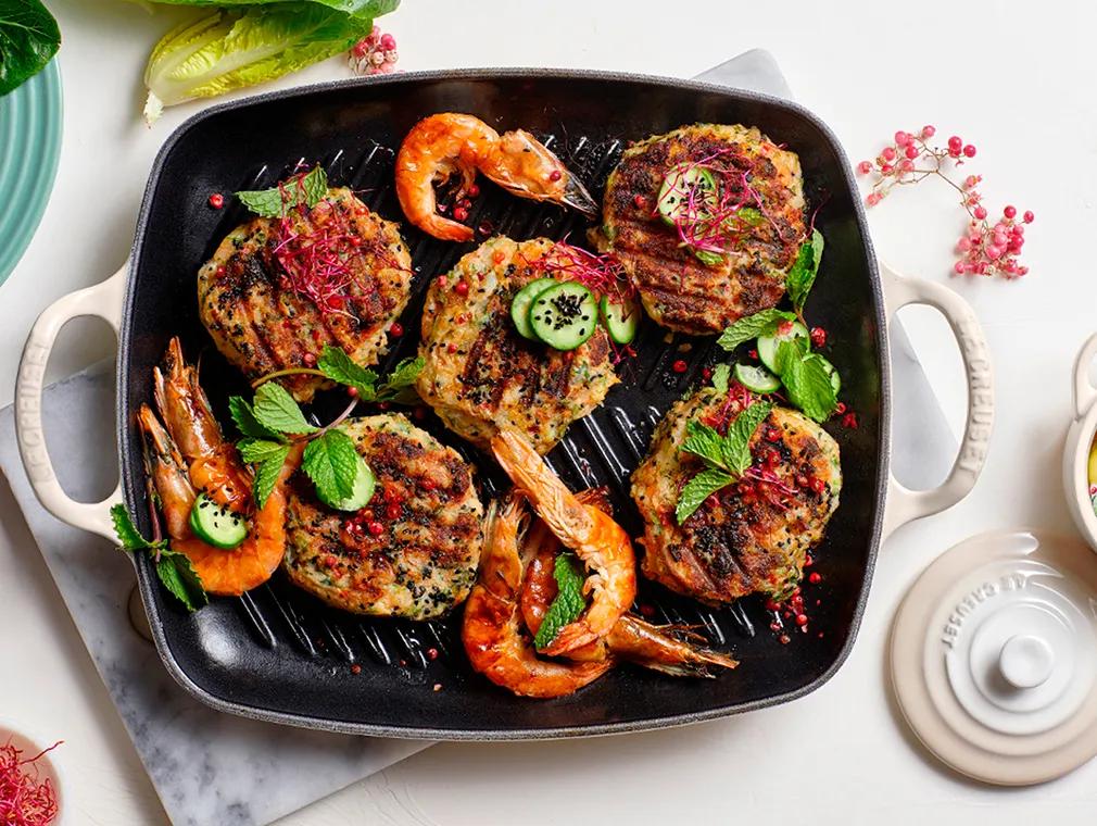Fragrant Easy Grilled Prawn Cakes With Quick Pickled Cucumber