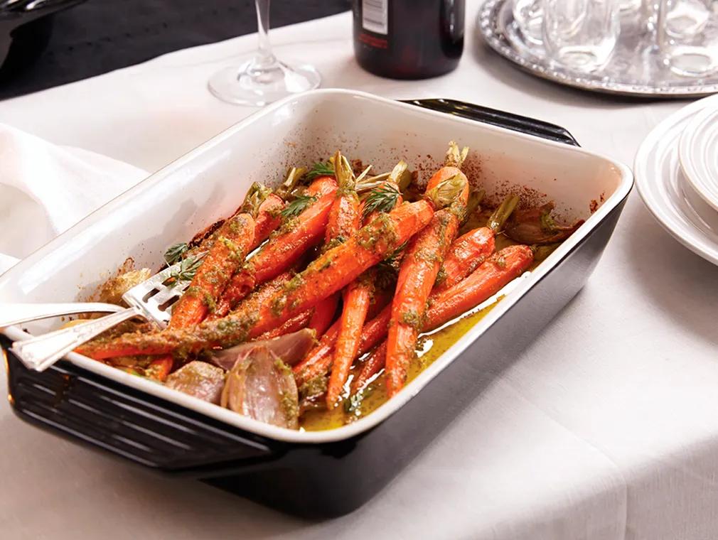 Roasted Carrots with carrot-top Pesto and Caramelized Shallots