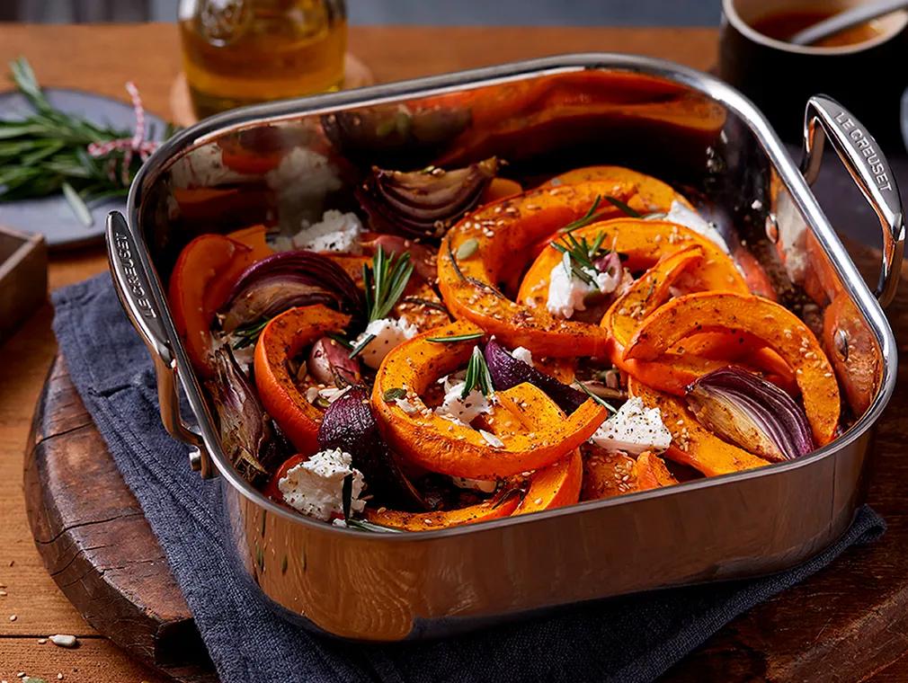 Roasted Pumpkin With Red Onion Goats Curd And Toasted Seeds