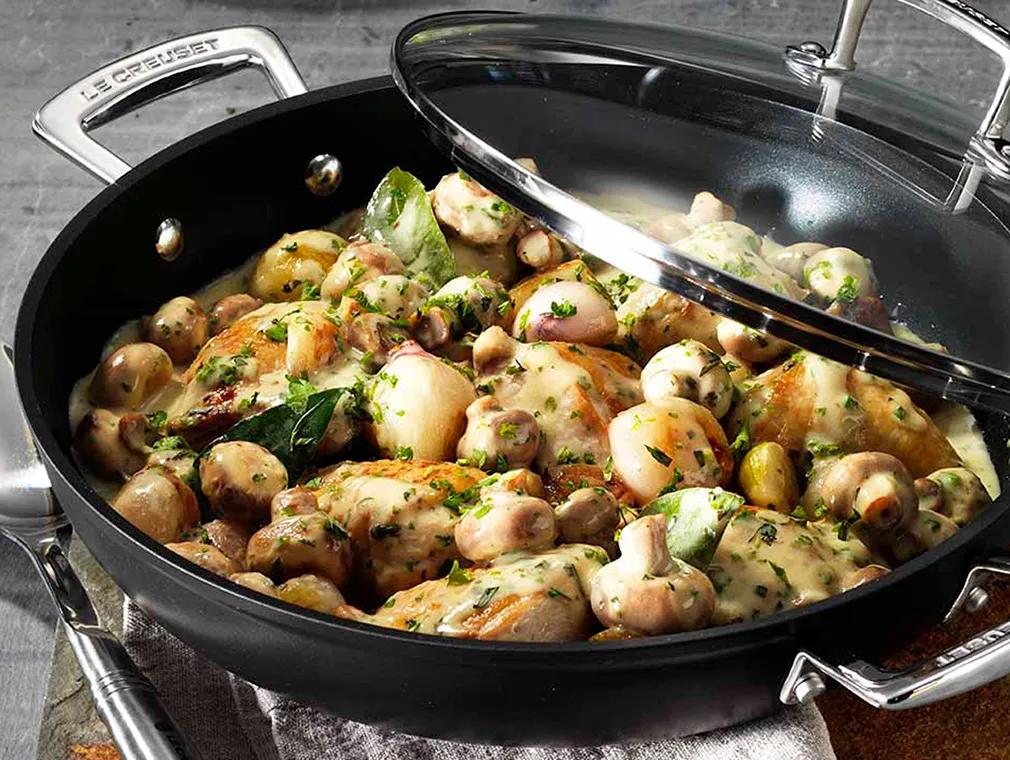 Chicken and Mushroom Fricassée with Spring Onion and Herb Pilaf