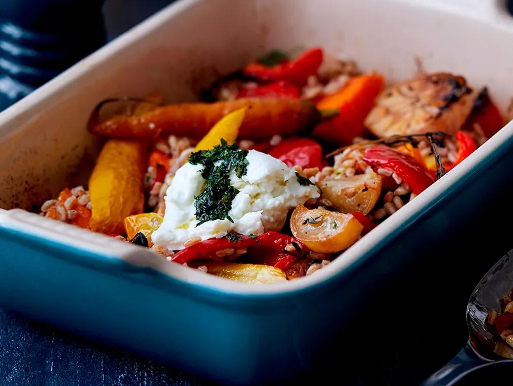 Baked Vegetables with Farro and Mozzarella