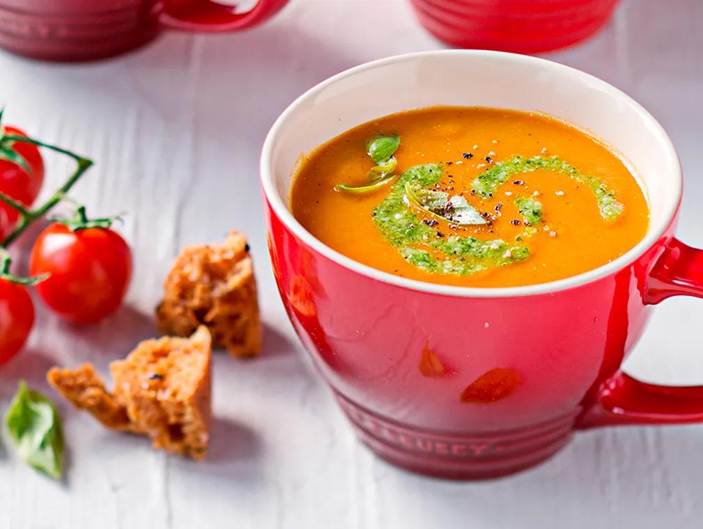 Roasted Tomato Soup with Basil Pesto