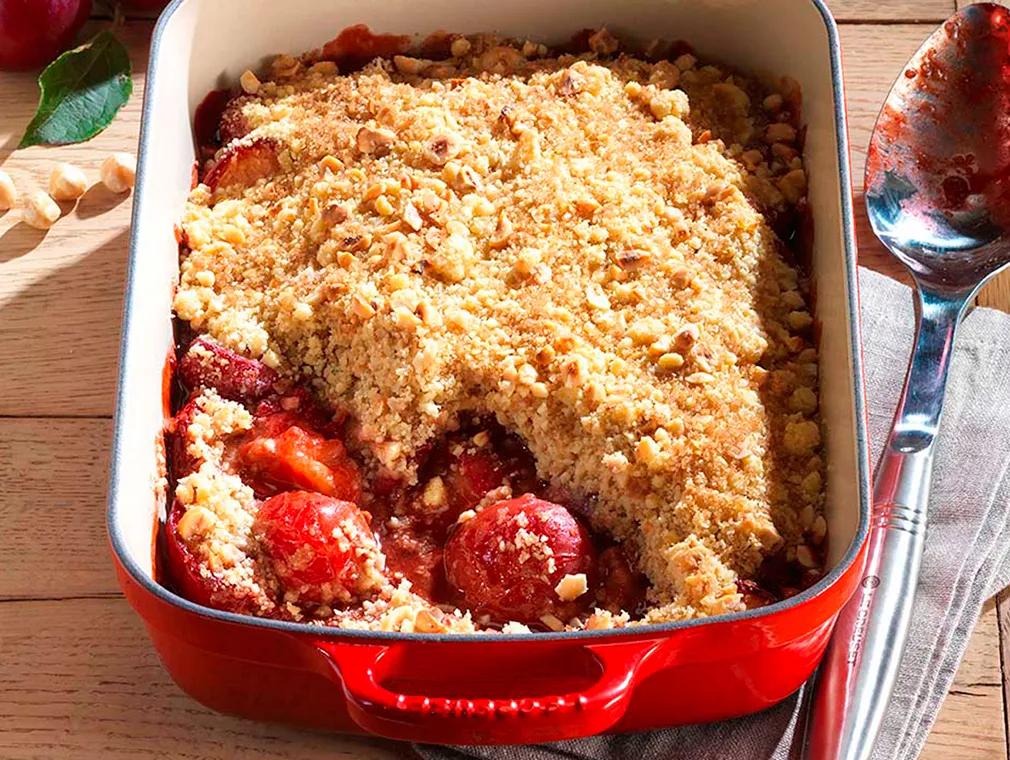 Spiced Vanilla Plums with Hazelnut Crumble