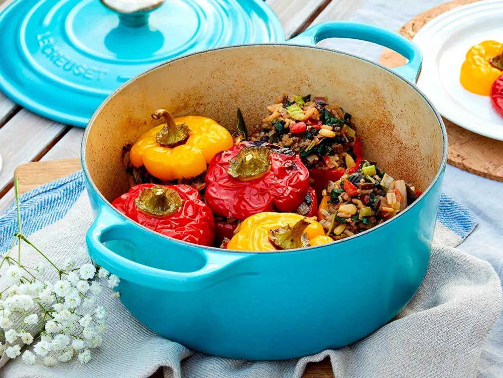 Stuffed Peppers with Rainbow Chard, Beef, Leeks, Pine Nuts and Currants