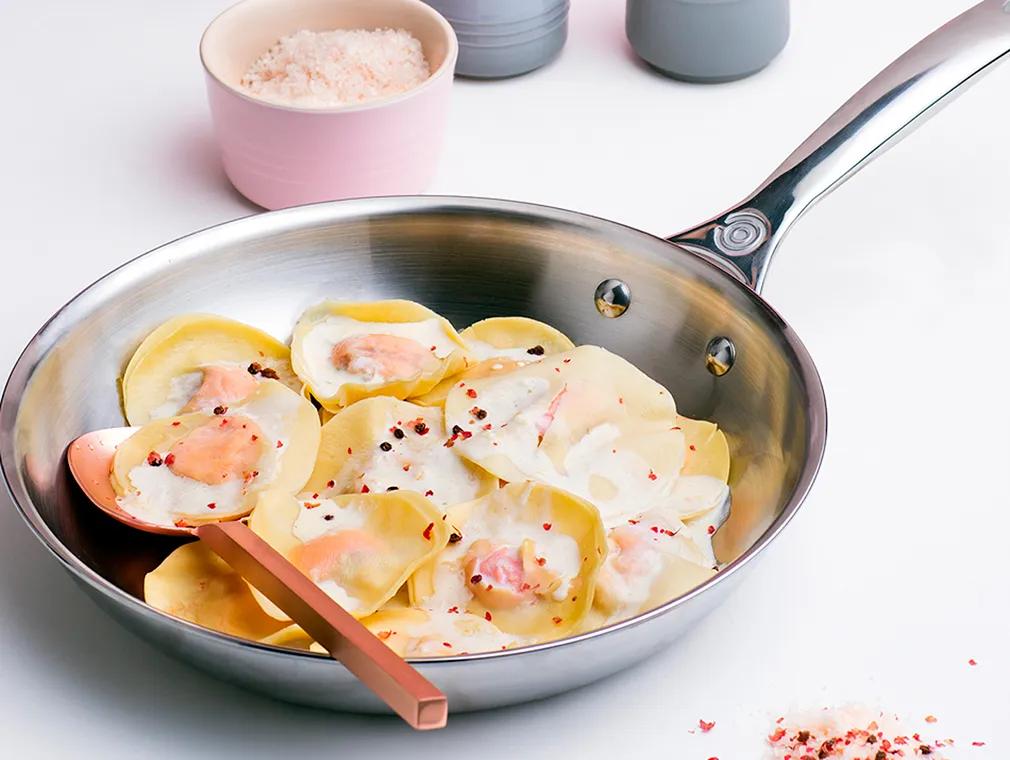 Smoked Trout Ravioli with Cream and Pink Peppercorns