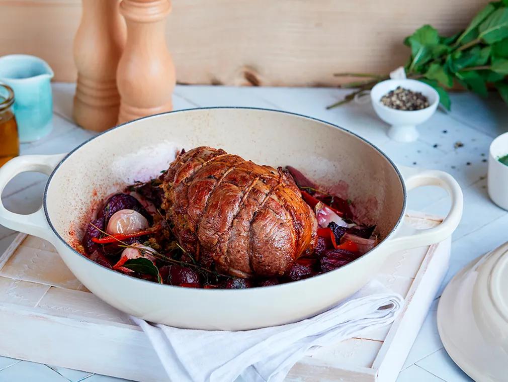 Roast Stuffed Leg of Lamb with Beetroot and a Mint, Caper & Honey Sauce