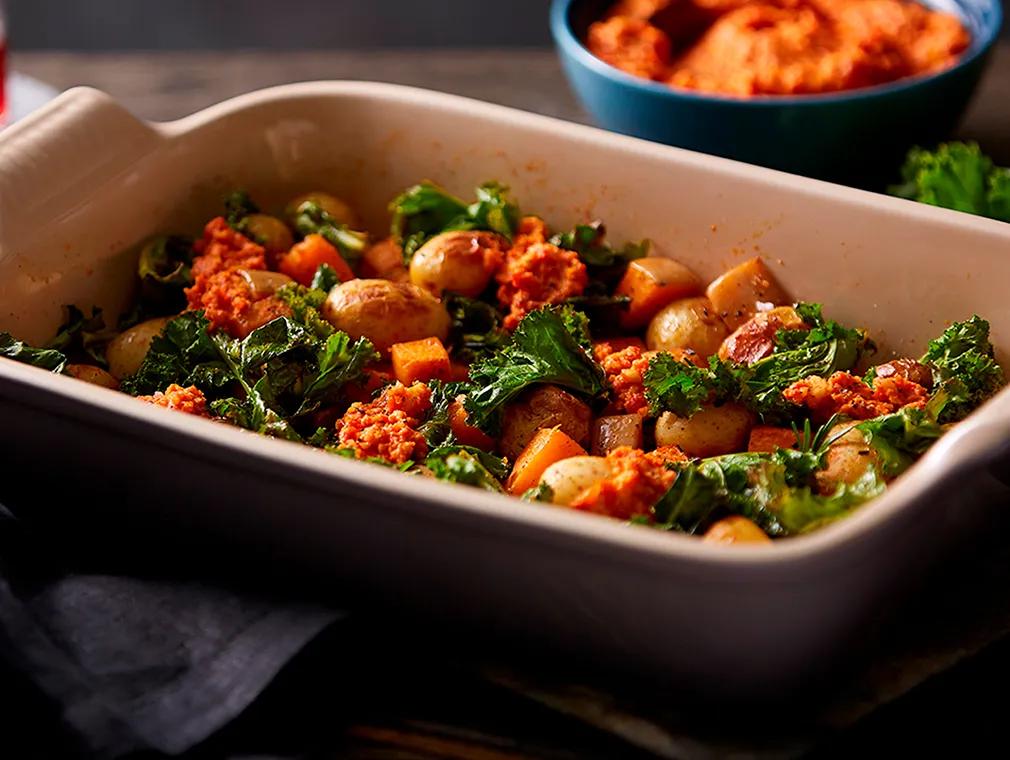 Roasted Paprika Butternut Squash Romesco Sauce Crushed Baby Potatoes Winter Kale